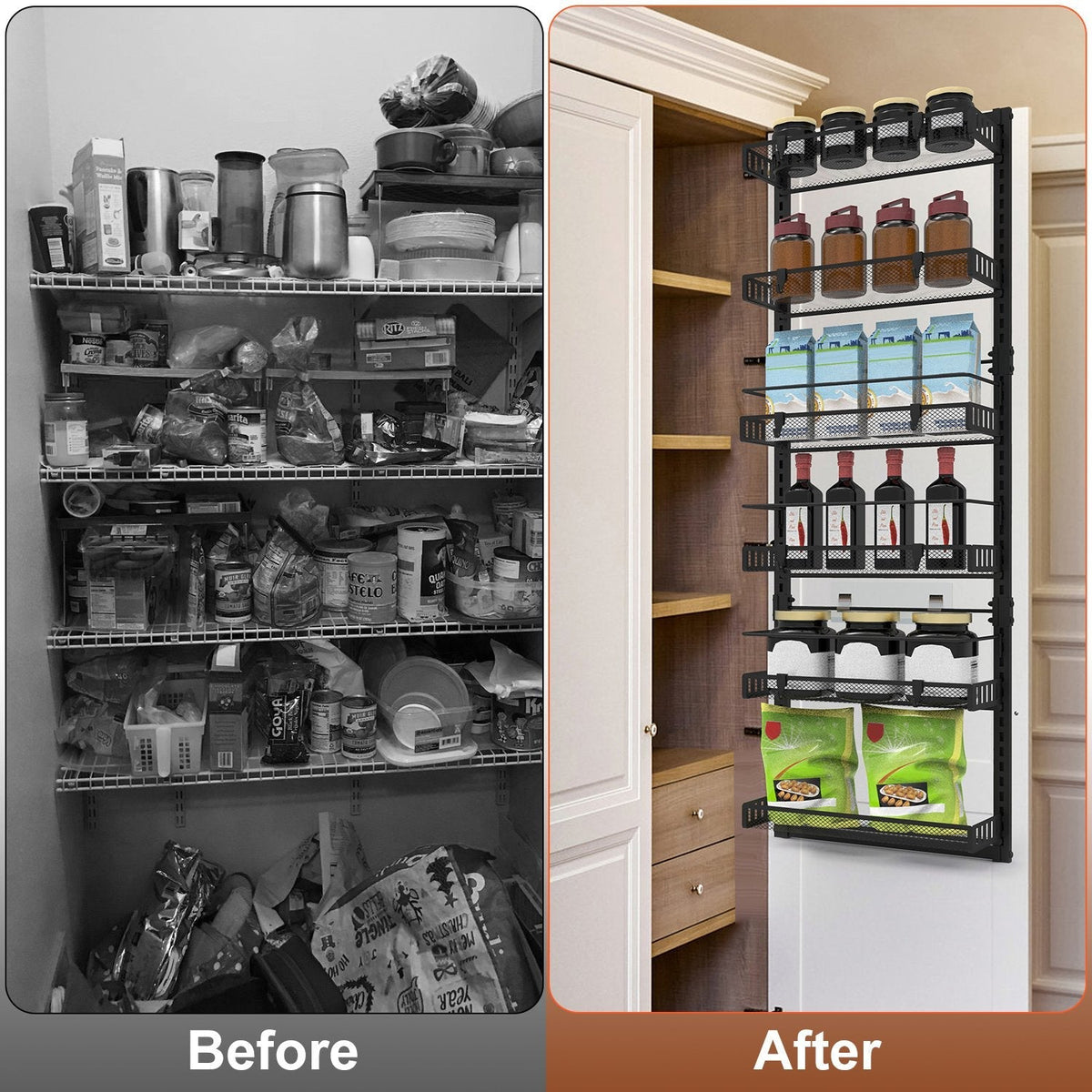 Over The Door Pantry Organizer 6-Tier Pantry Door Organizer Carbon Steel 110LBS Loading Easy Install Behind Door Storage For Closet Kitchen Bathroom 5