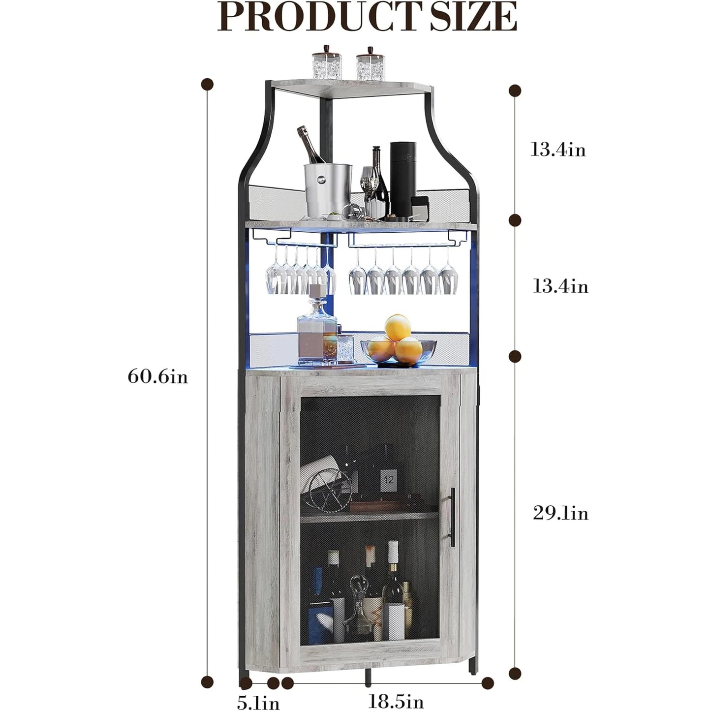 Corner Bar Cabinet Freestanding 5-Tier Wine & Spirits Rack with LED Lights Adjustable Shelves Glass Holder & Mesh Doors for Bar