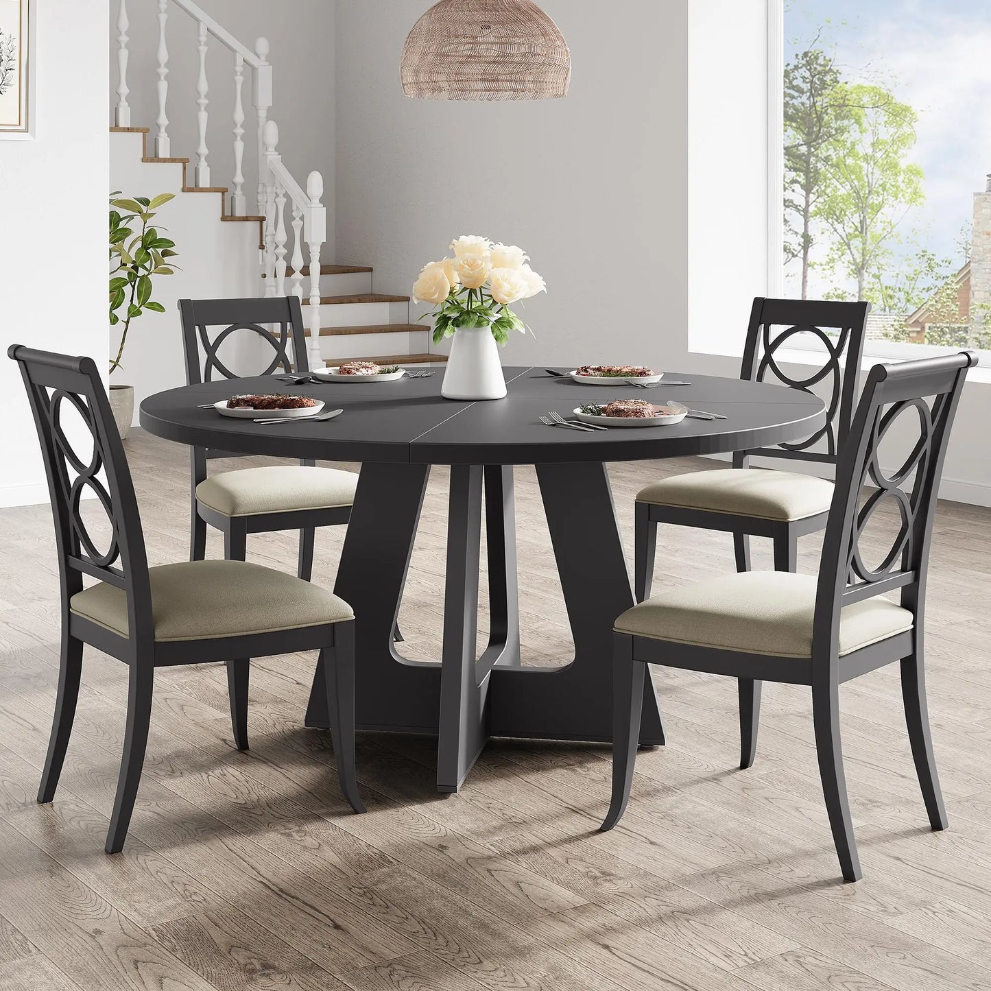 47-Inch Round Dining Table Large Wooden Kitchen Table For 4 to 6