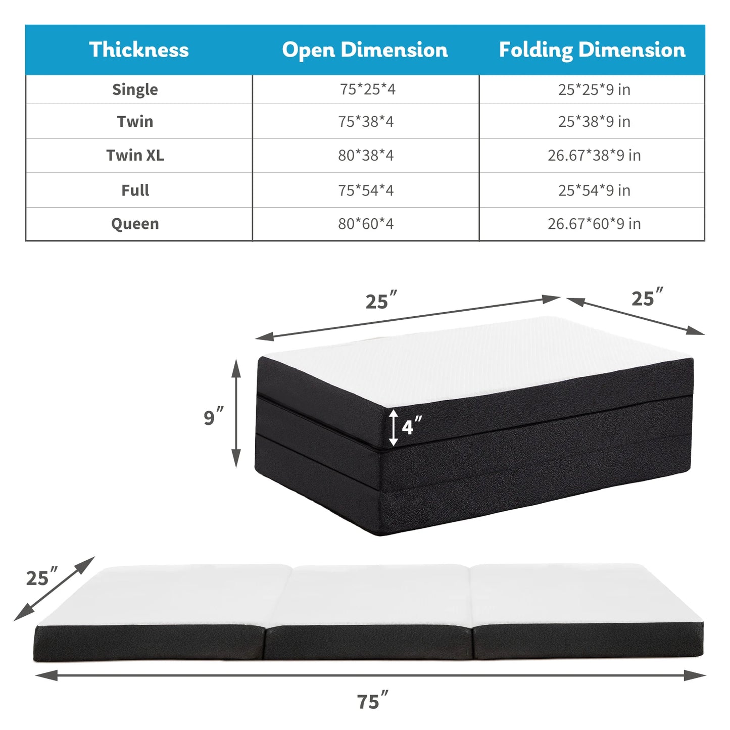 Tri-Fold Memory Foam Mattress with Collapsible and Washable Cover