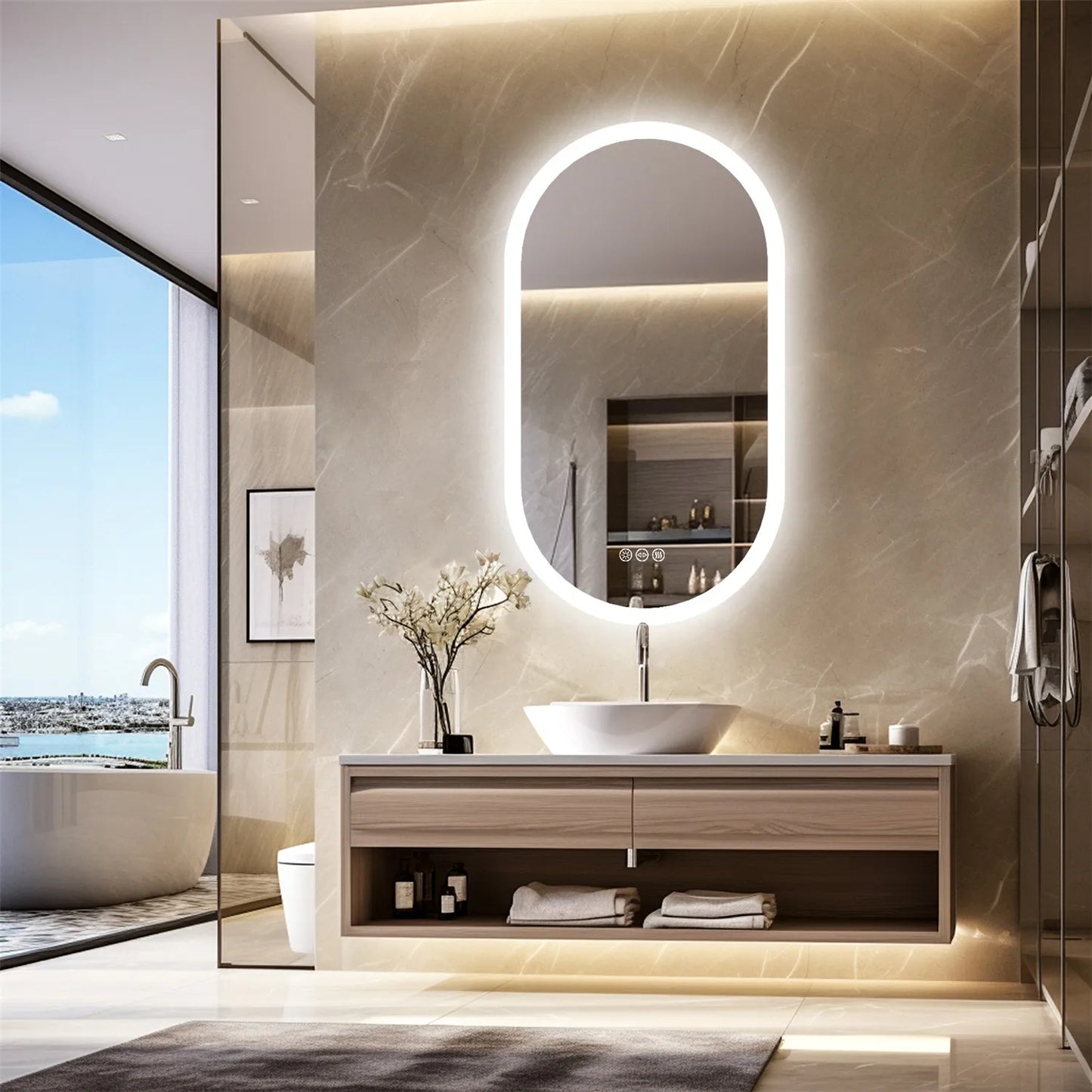 Backlit Smart LED Bathroom Mirror: Oval Dimmable 3 Colors Anti-Fog