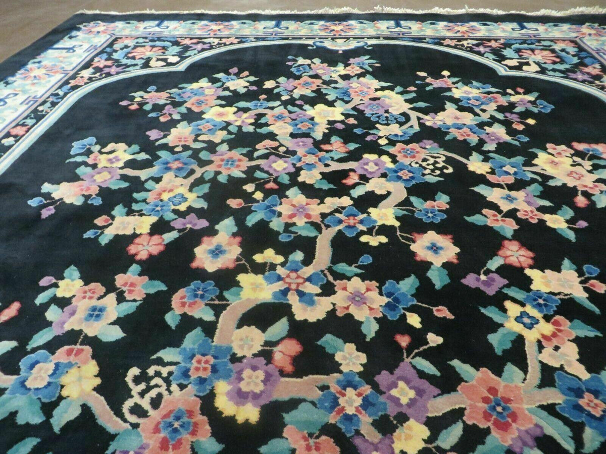 Black Chinese Wool Rug 8x10, Art Deco Floral Carpet, Soft Plush Pile