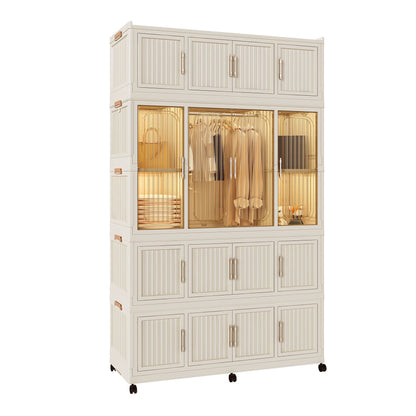 Portable Wardrobe Closet Storage Organizer With 17 Magnetic Doors, 17 Cubes, Hanging Rod & 6 Hangers - Creamy White