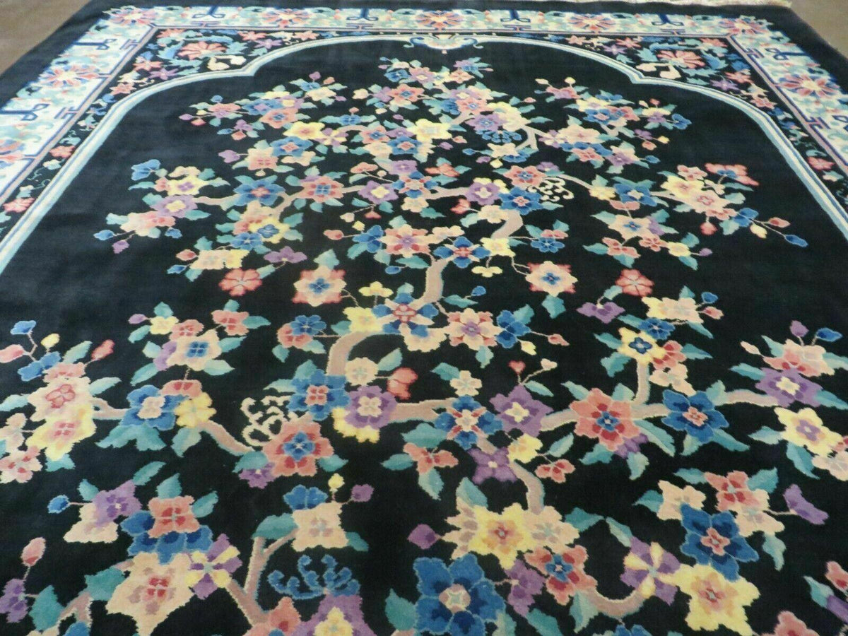 Black Chinese Wool Rug 8x10, Art Deco Floral Carpet, Soft Plush Pile