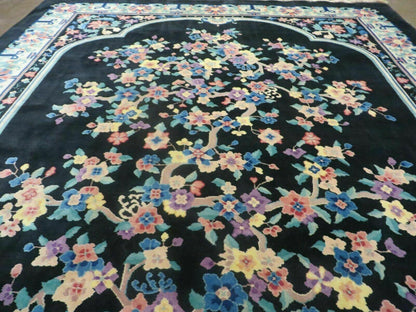Black Chinese Wool Rug 8x10, Art Deco Floral Carpet, Soft Plush Pile
