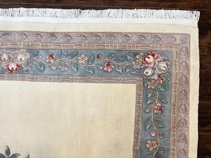 Chinese Carving Rug 8x10, Chinese Wool Carpet 8 x 10, Cream, 120 Line Rug, Vintage Handmade Art Deco Asian Oriental Rug, Aubusson Rug