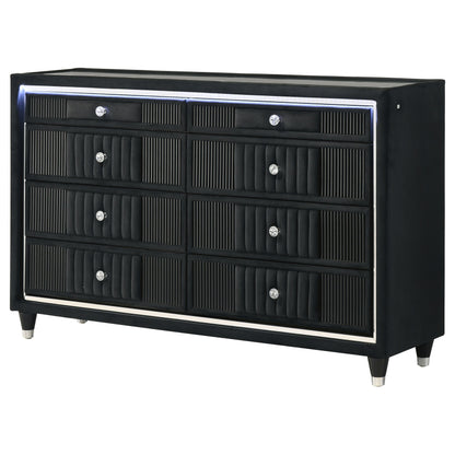 Ravenne 8-drawer Velvet Upholstered LED Dresser Cabinet Black