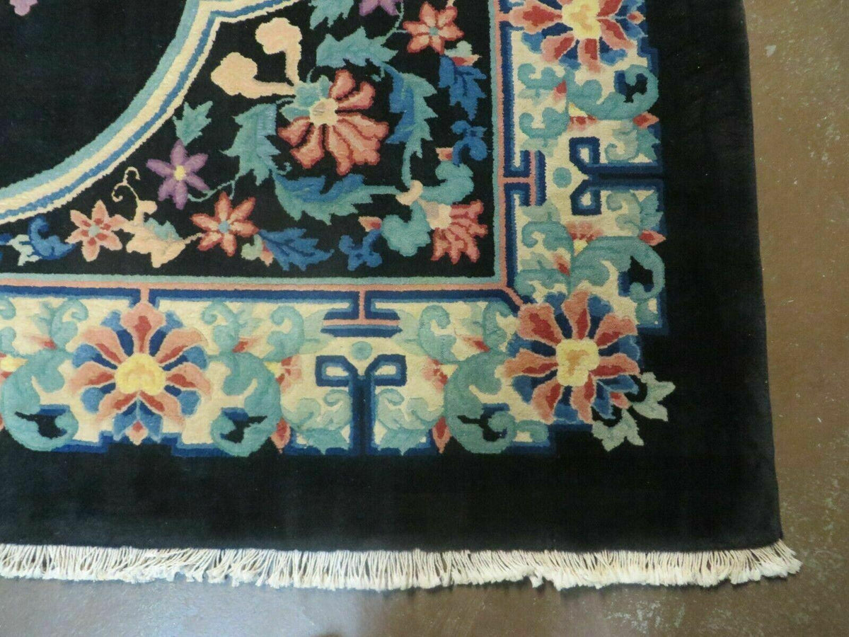 Black Chinese Wool Rug 8x10, Art Deco Floral Carpet, Soft Plush Pile