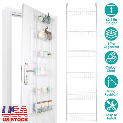 6 Tier Over Door Pantry Organizer Hanging Hooks Door Storage Rack Carbon Steel Basket 62.99in Over Door Shelf for Kitchen Bathroom