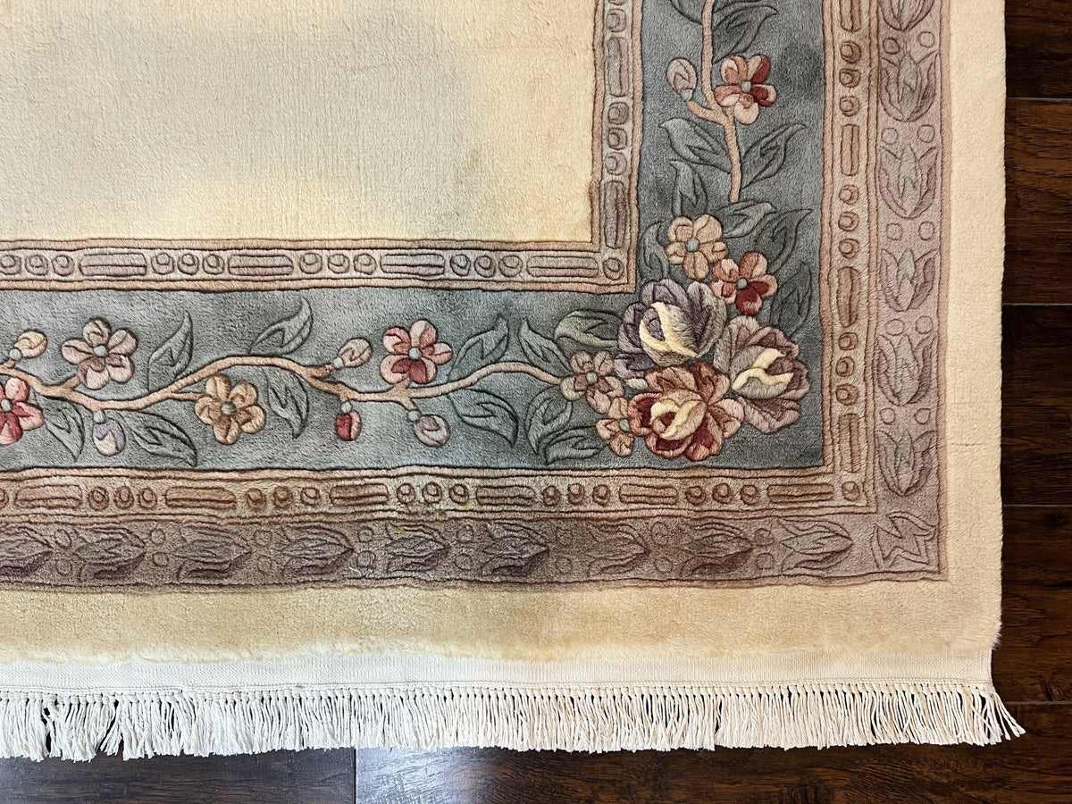 Chinese Carving Rug 8x10, Chinese Wool Carpet 8 x 10, Cream, 120 Line Rug, Vintage Handmade Art Deco Asian Oriental Rug, Aubusson Rug
