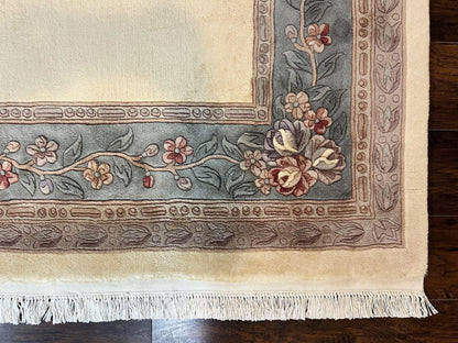 Chinese Carving Rug 8x10, Chinese Wool Carpet 8 x 10, Cream, 120 Line Rug, Vintage Handmade Art Deco Asian Oriental Rug, Aubusson Rug