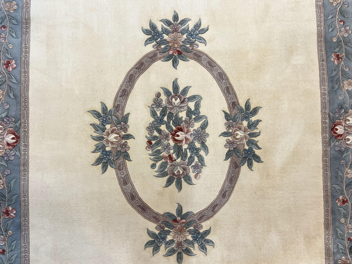 Chinese Carving Rug 8x10, Chinese Wool Carpet 8 x 10, Cream, 120 Line Rug, Vintage Handmade Art Deco Asian Oriental Rug, Aubusson Rug