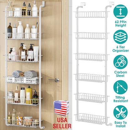 6 Tier Over Door Pantry Organizer Hanging Hooks Door Storage Rack Carbon Steel Basket 62.99in Over Door Shelf for Kitchen Bathroom