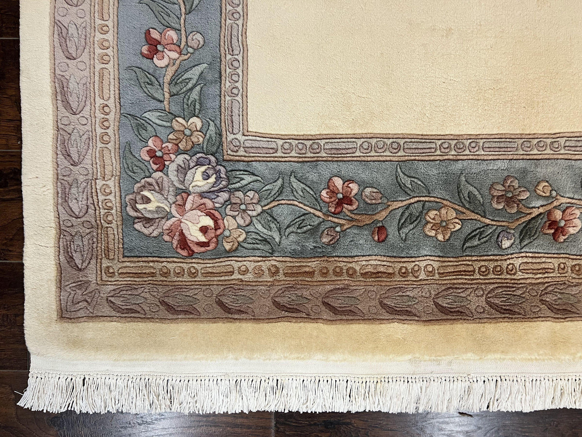 Chinese Carving Rug 8x10, Chinese Wool Carpet 8 x 10, Cream, 120 Line Rug, Vintage Handmade Art Deco Asian Oriental Rug, Aubusson Rug
