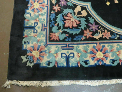 Black Chinese Wool Rug 8x10, Art Deco Floral Carpet, Soft Plush Pile
