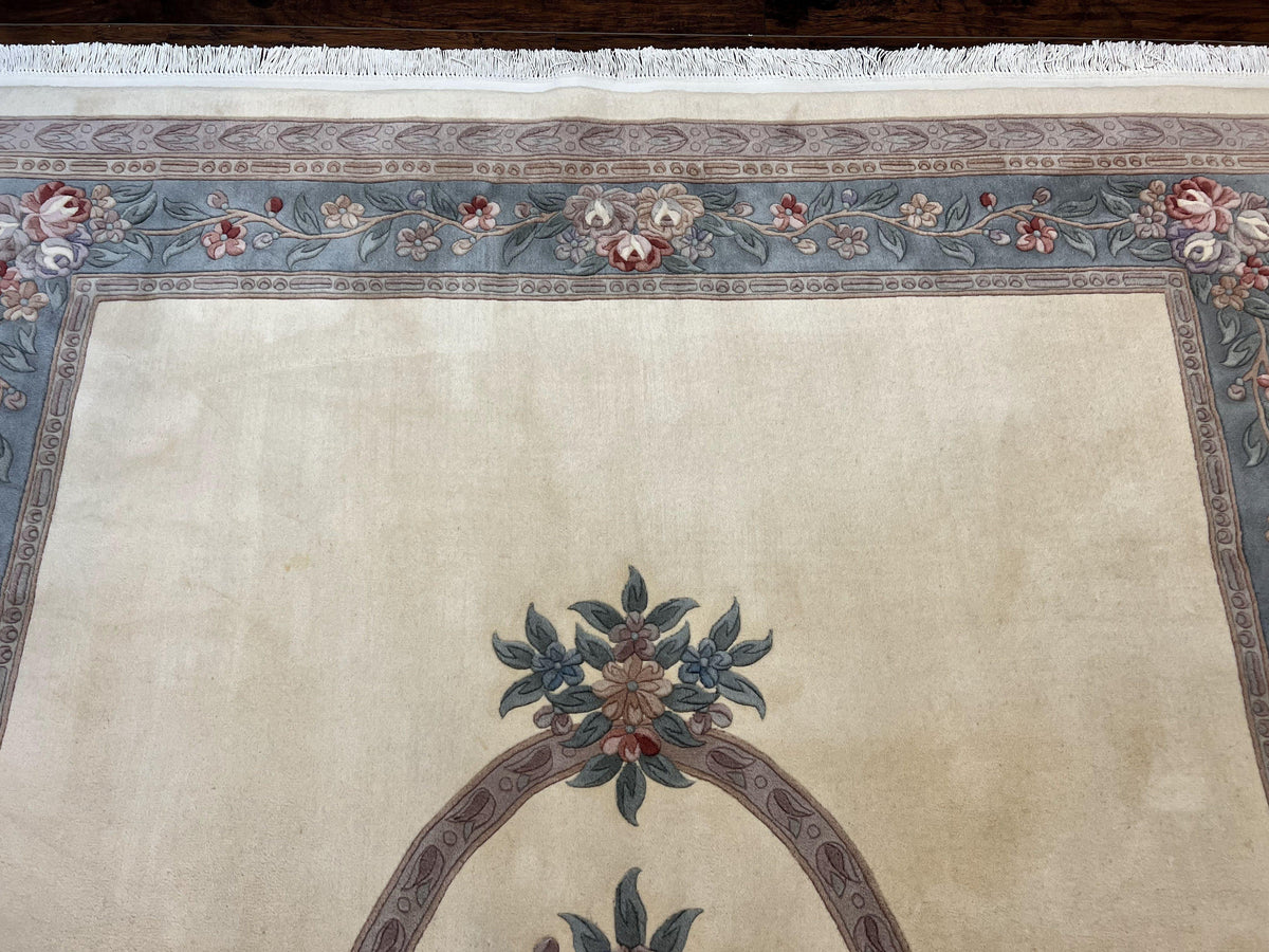 Chinese Carving Rug 8x10, Chinese Wool Carpet 8 x 10, Cream, 120 Line Rug, Vintage Handmade Art Deco Asian Oriental Rug, Aubusson Rug
