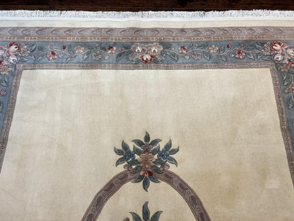 Chinese Carving Rug 8x10, Chinese Wool Carpet 8 x 10, Cream, 120 Line Rug, Vintage Handmade Art Deco Asian Oriental Rug, Aubusson Rug
