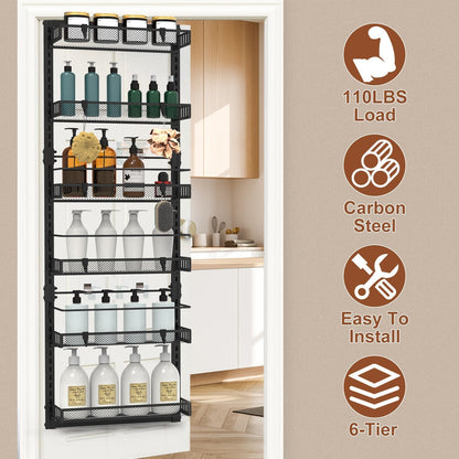 Over The Door Pantry Organizer 6-Tier Pantry Door Organizer Carbon Steel 110LBS Loading Easy Install Behind Door Storage For Closet Kitchen Bathroom 5