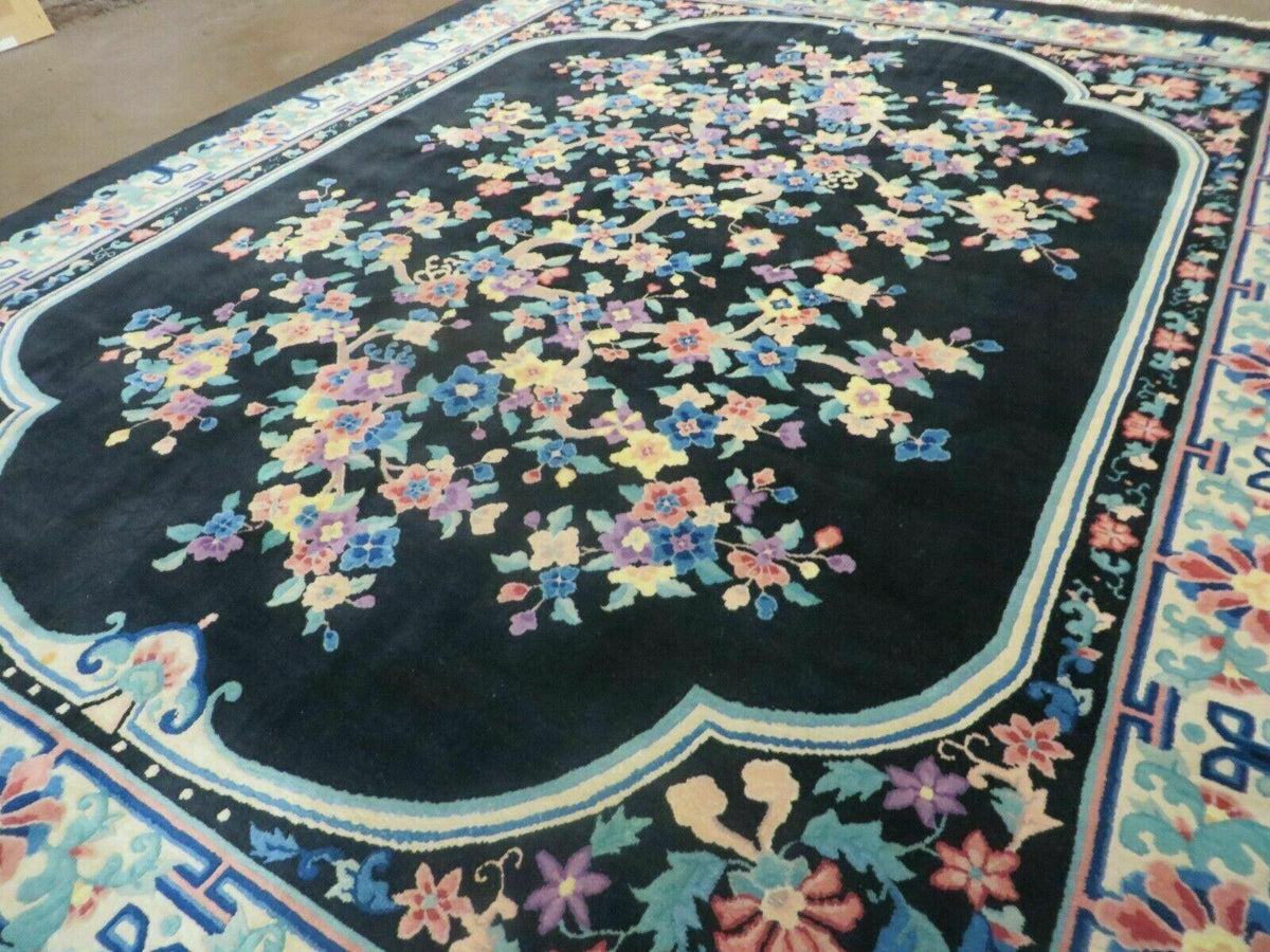 Black Chinese Wool Rug 8x10, Art Deco Floral Carpet, Soft Plush Pile