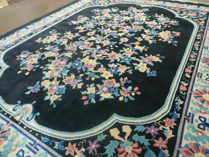 Black Chinese Wool Rug 8x10, Art Deco Floral Carpet, Soft Plush Pile