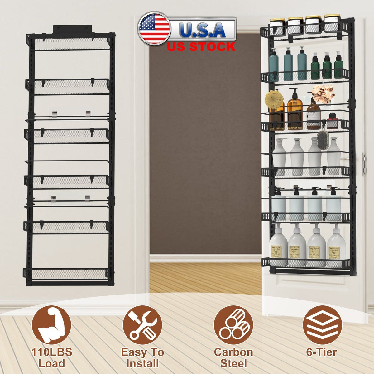 Over The Door Pantry Organizer 6-Tier Pantry Door Organizer Carbon Steel 110LBS Loading Easy Install Behind Door Storage For Closet Kitchen Bathroom 5
