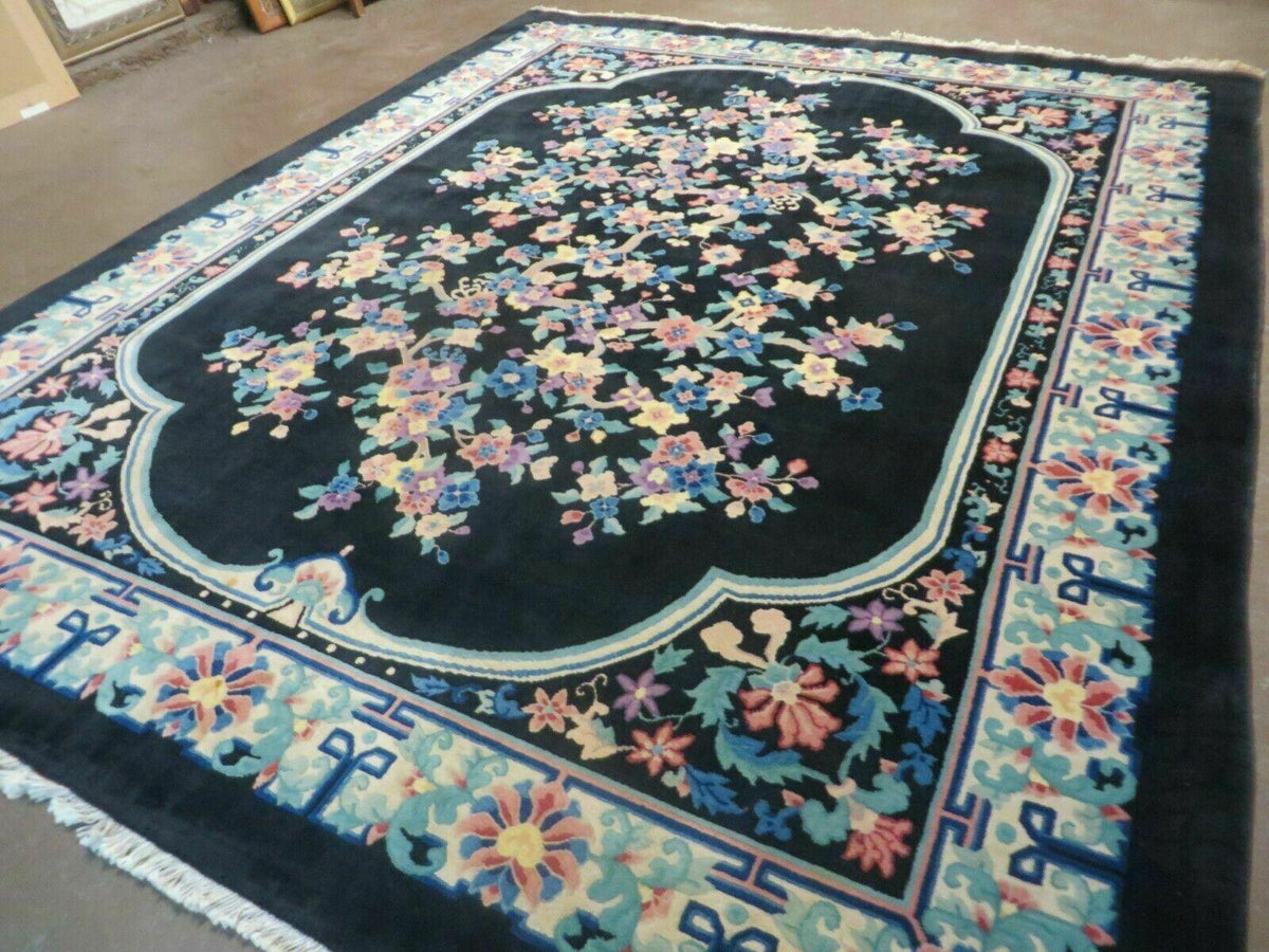 Black Chinese Wool Rug 8x10, Art Deco Floral Carpet, Soft Plush Pile