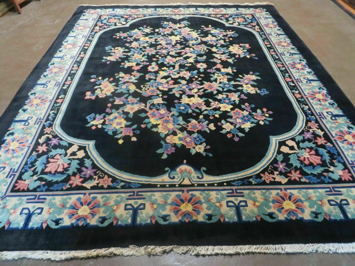 Black Chinese Wool Rug 8x10, Art Deco Floral Carpet, Soft Plush Pile