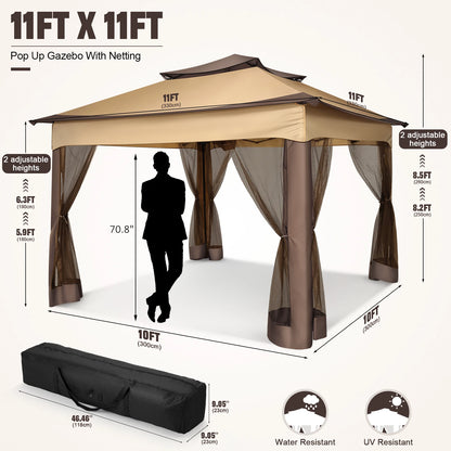 11x11ft Pop Up Gazebo Pavilion With Mosquito Netting