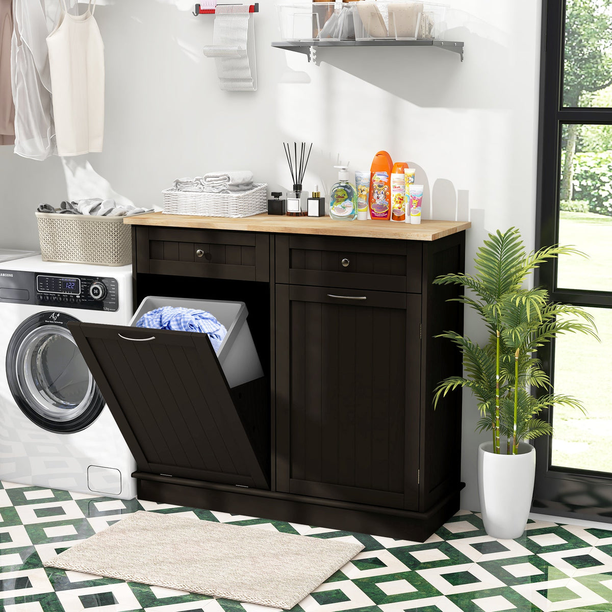 Kitchen Tilt Out Trash Cabinet with 2 Drawers and Adjustable Shelf