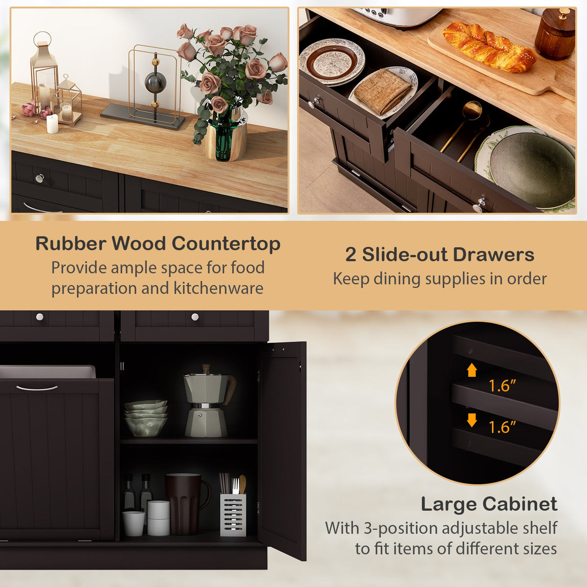Kitchen Tilt Out Trash Cabinet with 2 Drawers and Adjustable Shelf