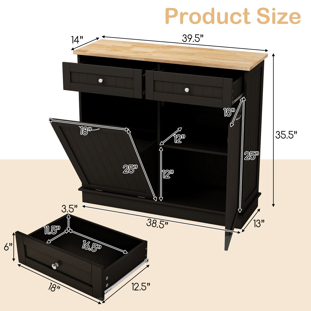 Kitchen Tilt Out Trash Cabinet with 2 Drawers and Adjustable Shelf