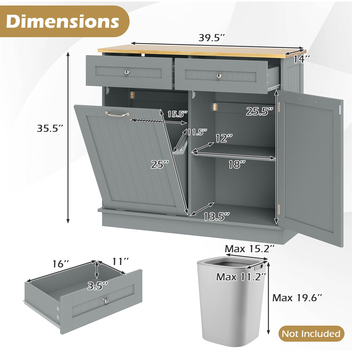 Kitchen Tilt Out Trash Cabinet with 2 Drawers and Adjustable Shelf