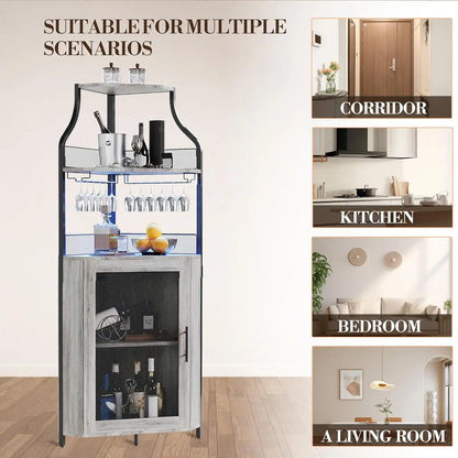 Corner Bar Cabinet Freestanding 5-Tier Wine & Spirits Rack with LED Lights Adjustable Shelves Glass Holder & Mesh Doors for Bar
