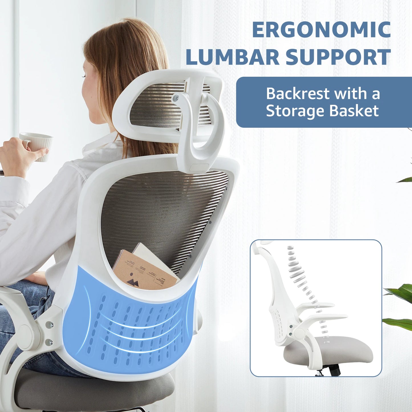 Mesh Ergonomic Office Computer Desk Chair with Flip-up Arms & Adjustable Headrests
