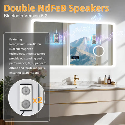 80/100/120/CM LED Bluetooth Bathroom Mirror Dimmable Backlit Vanity Mirror with 3X Magnifier and Screen Display