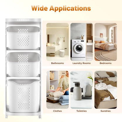 Hollow-Out Laundry Basket with 4 Wheels Multi-Layer Bathroom Storage Rack for Towels Clothes Toiletries