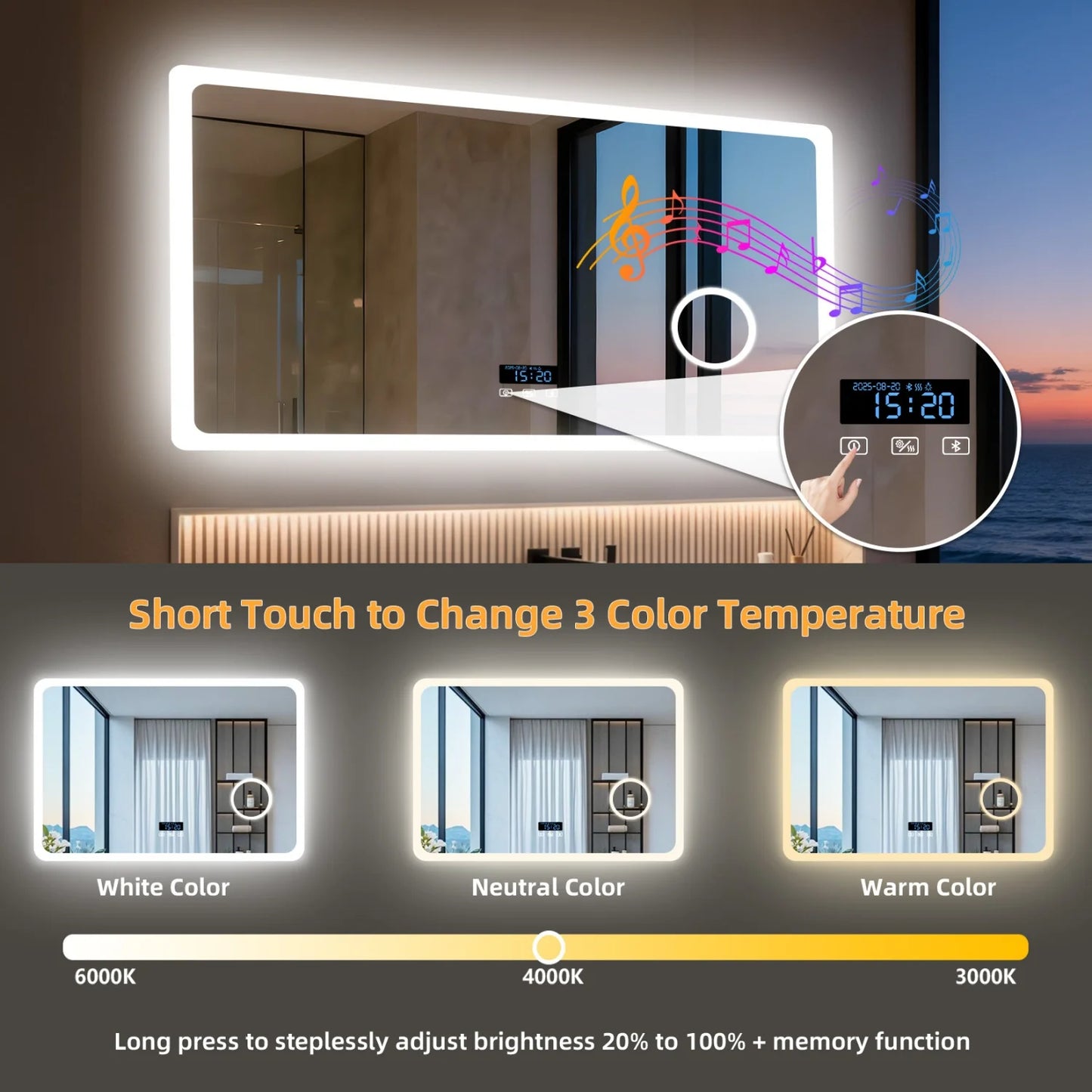 80/100/120/CM LED Bluetooth Bathroom Mirror Dimmable Backlit Vanity Mirror with 3X Magnifier and Screen Display