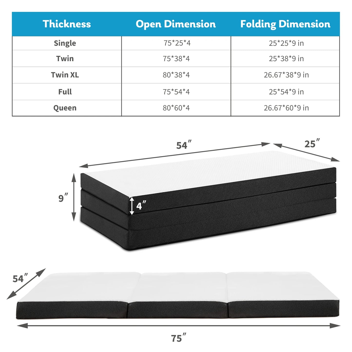 Tri-Fold Memory Foam Mattress with Collapsible and Washable Cover