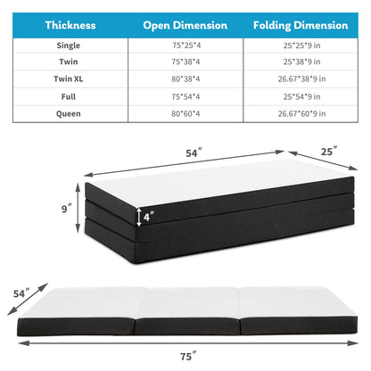 Tri-Fold Memory Foam Mattress with Collapsible and Washable Cover