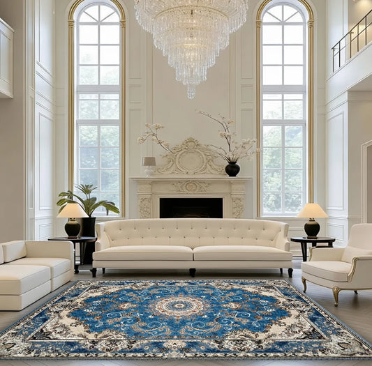 Classic Persian Medallion Area Rug Blue Ornate Vintage Non‑Slip Carpet