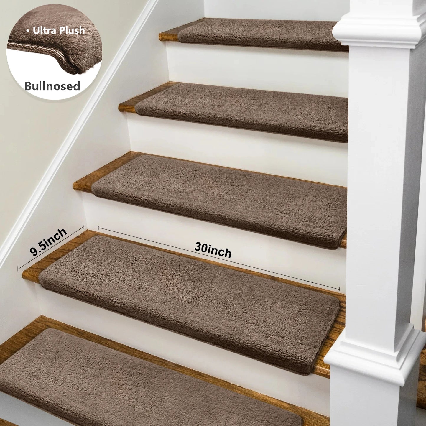 Bullnose Non-Slip Stair Treads -Ultra Plush- Washable Self-Adhesive