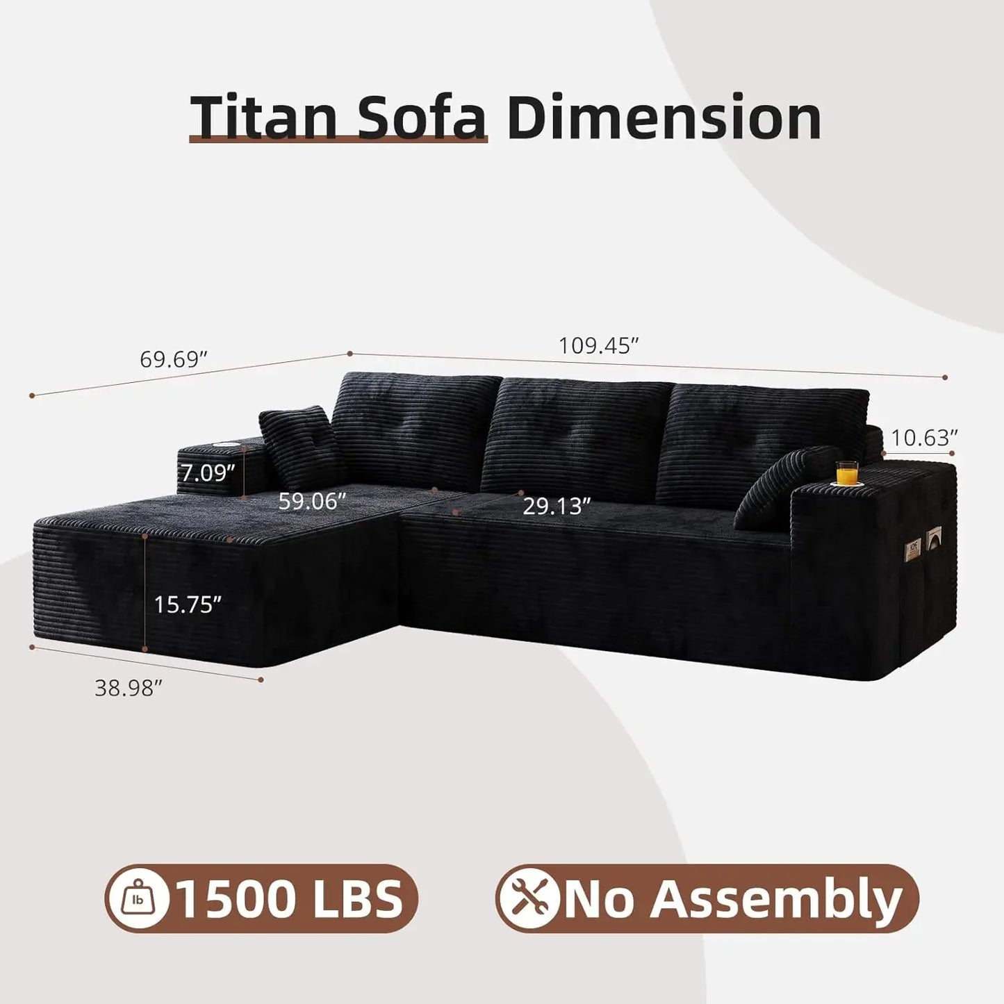 109" Boneless Couches for Living Room Modular Sectional Sofa with Oversized Chaise, L-Shape Cloud Couch with Deep, Customized