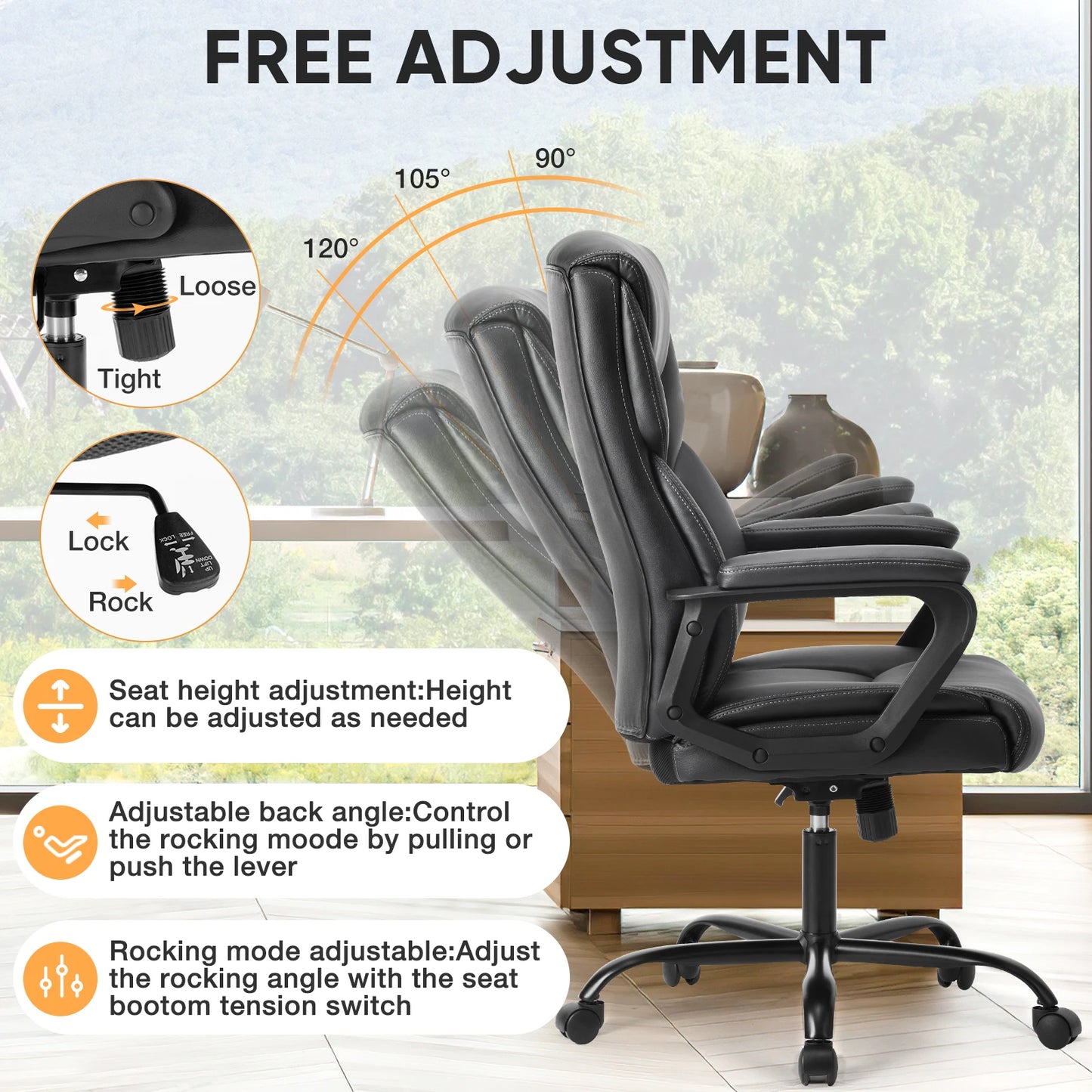 Ergonomic PU Leather Padded Chair Swivel Wheel With Lumbar Support