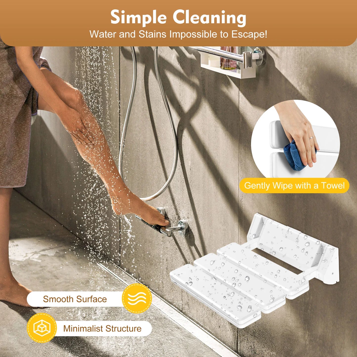 90° Folding Shower Seat Wall-Mounted Waterproof Bench Shoe Changing Stool for Bathrooms Porches 32*34cm