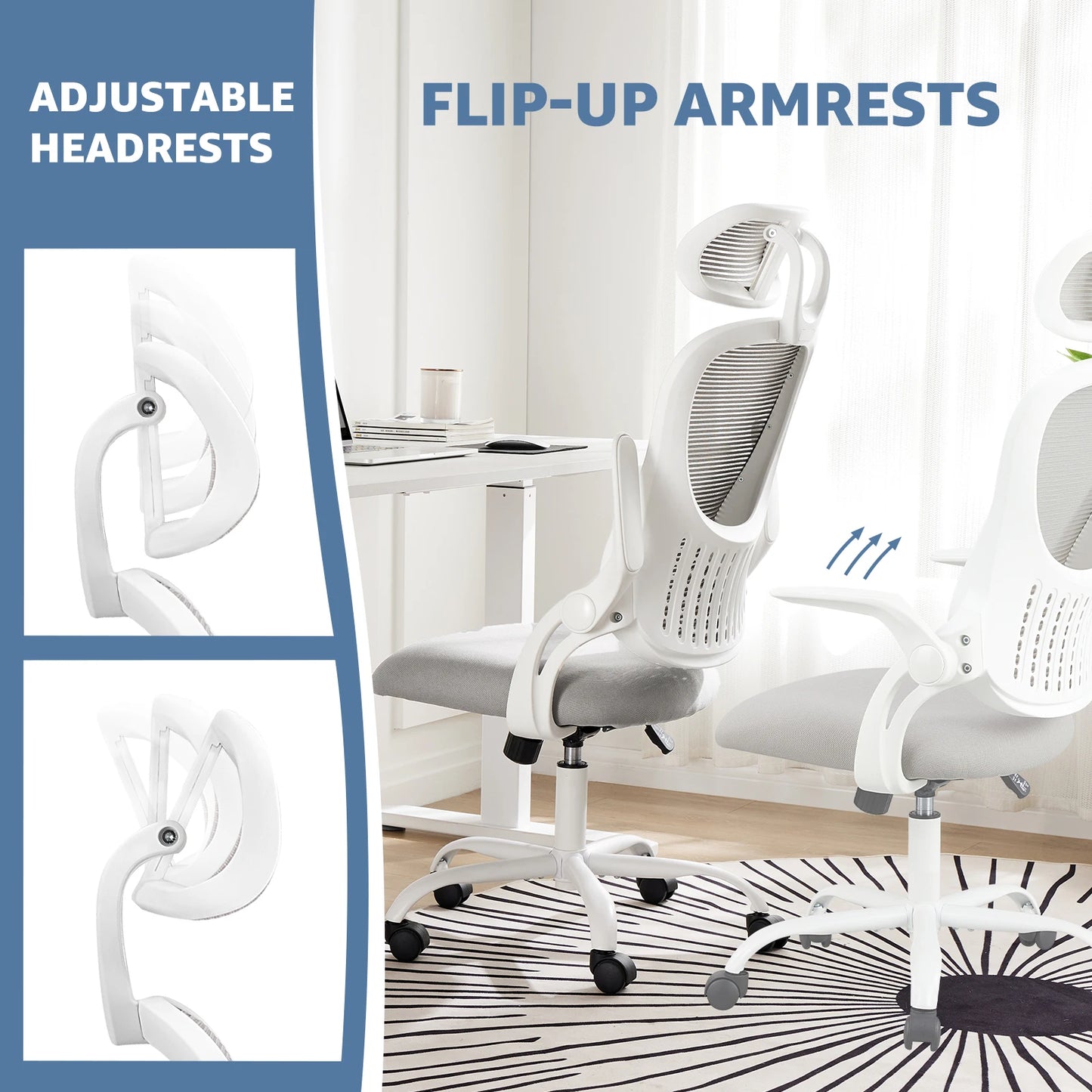 Mesh Ergonomic Office Computer Desk Chair with Flip-up Arms & Adjustable Headrests
