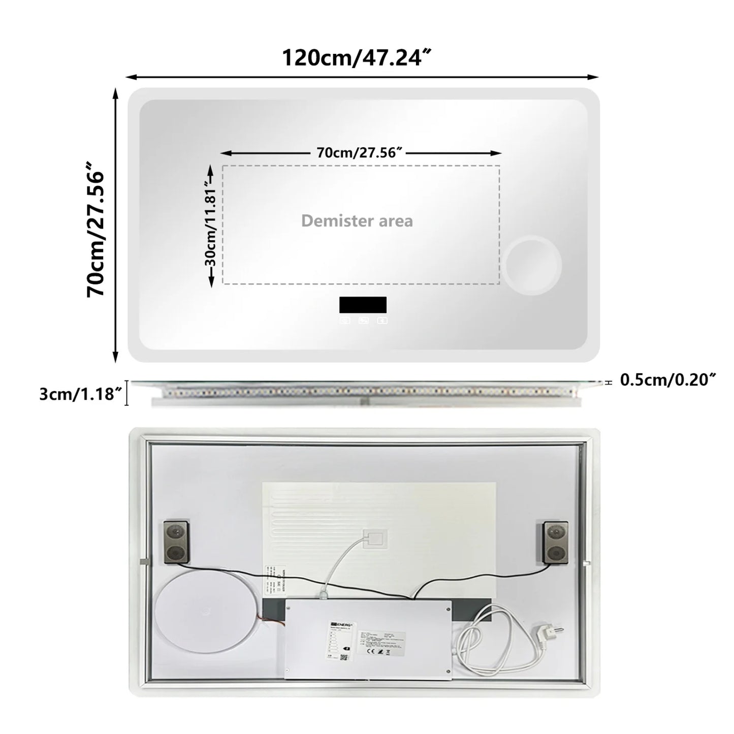 80/100/120/CM LED Bluetooth Bathroom Mirror Dimmable Backlit Vanity Mirror with 3X Magnifier and Screen Display