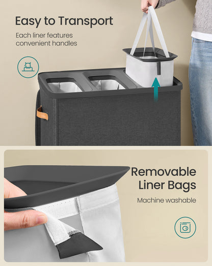 SONGMICS Laundry Basket, 50.2 Gal. Laundry Hamper, 3 Compartments, Easy Assembly, with Lid and Handles, Removable Liners, 25.2 x