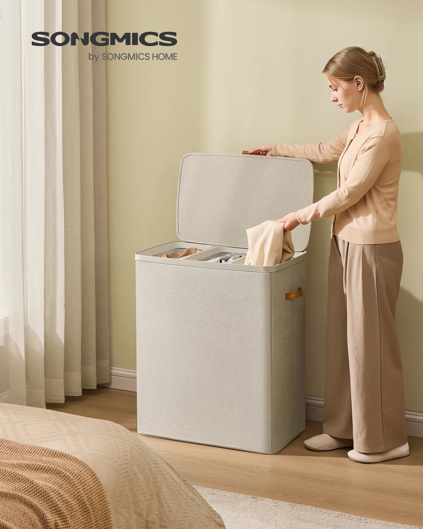 SONGMICS Laundry Basket, 50.2 Gal. Laundry Hamper, 3 Compartments, Easy Assembly, with Lid and Handles, Removable Liners, 25.2 x