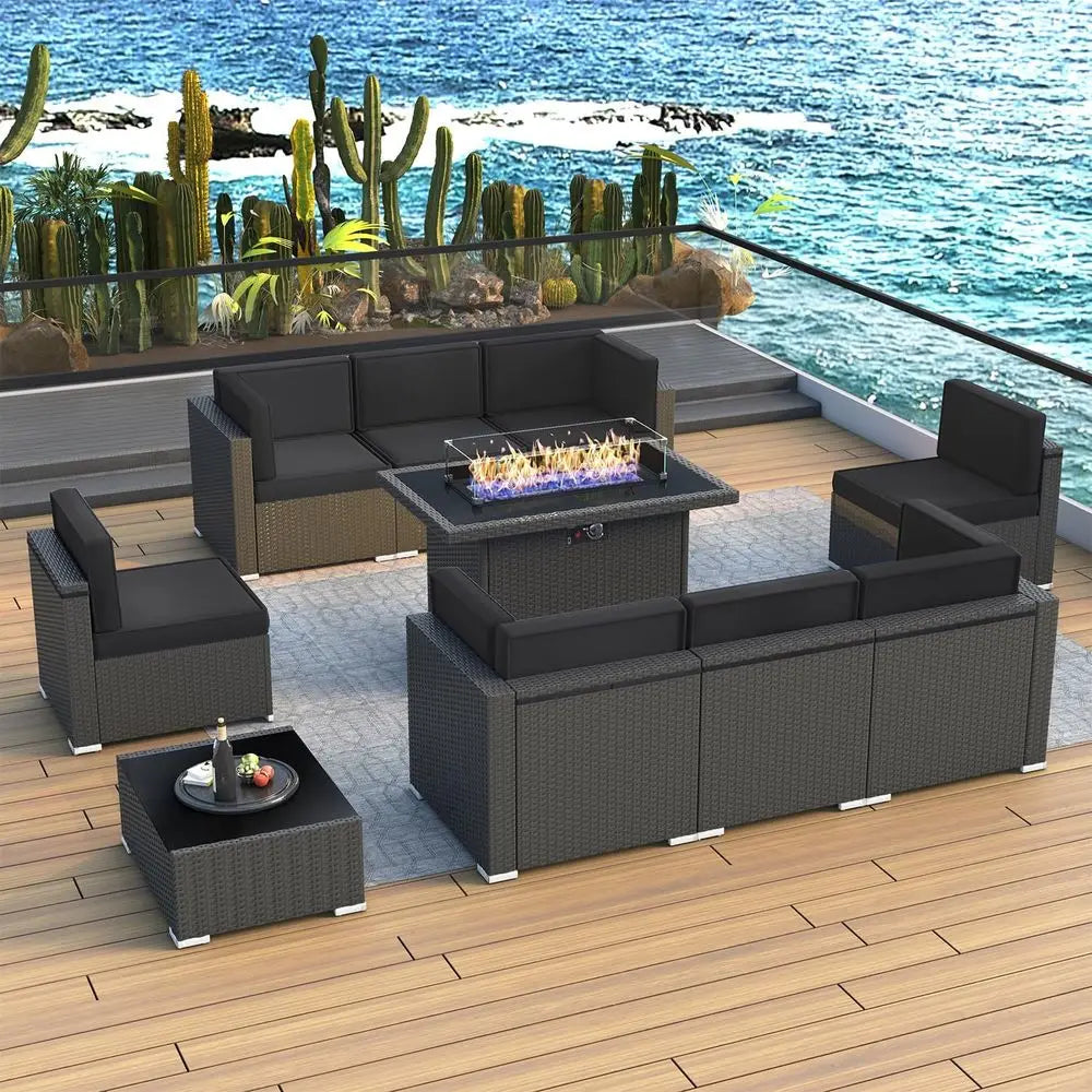 10-Piece Outdoor Wicker Rattan Patio Furniture Set with Propane Fire Pit and Coffee Table