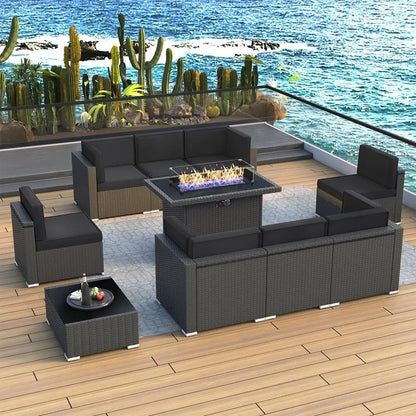 10-Piece Outdoor Wicker Rattan Patio Furniture Set with Propane Fire Pit and Coffee Table